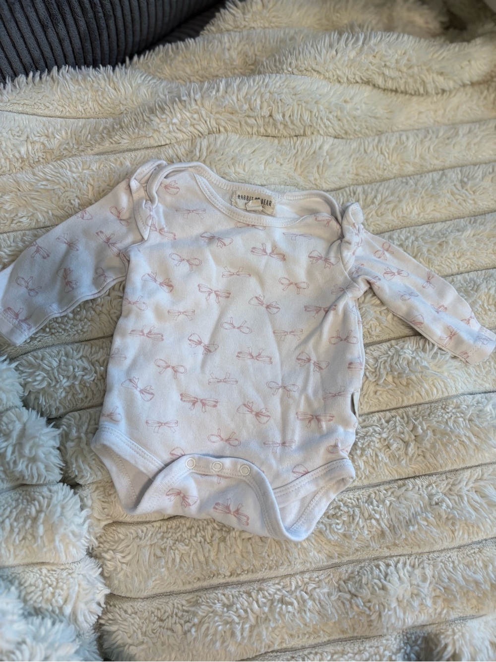 7/$30 Rabbit + Bear Soft Bow-Print Long Sleeve One-Piece in White and Pink
